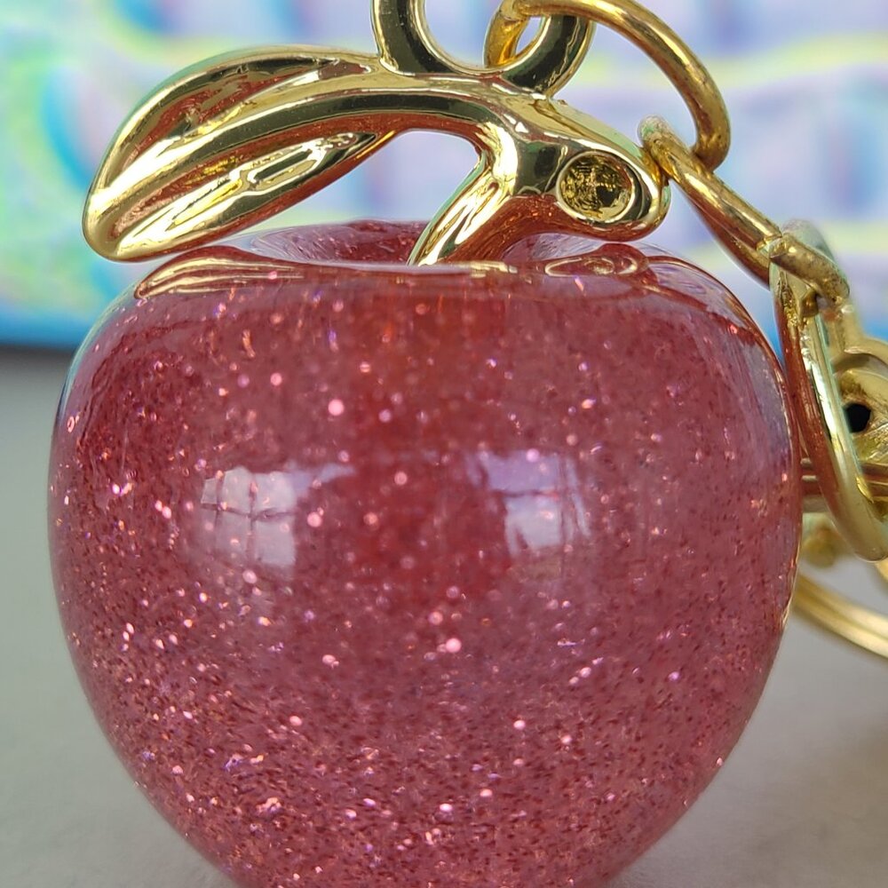 Red OR Pink Apple Purse Charm and Key Ring Gold Tone Hardware - Picture 10 of 11